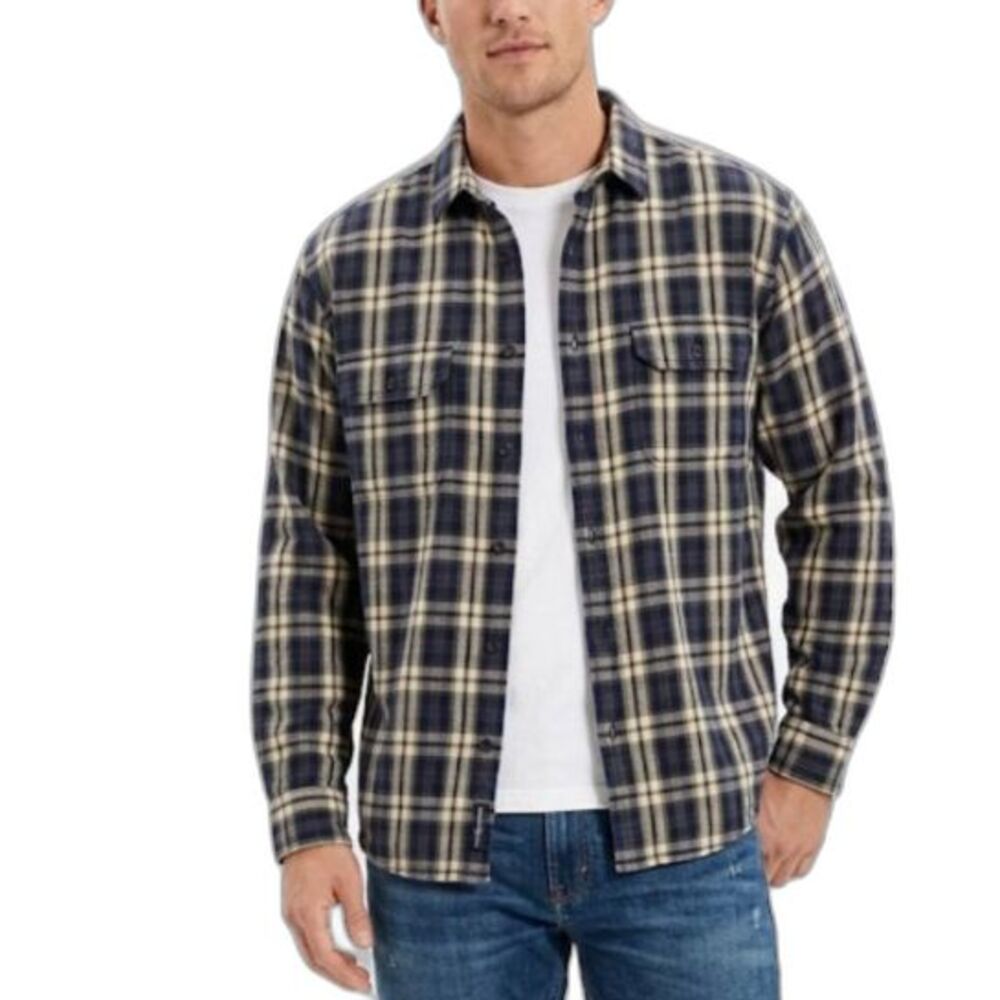 American Eagle Outfitters Mens Navy Tan Plaid Heavyweight LS Flannel Shirt XXL